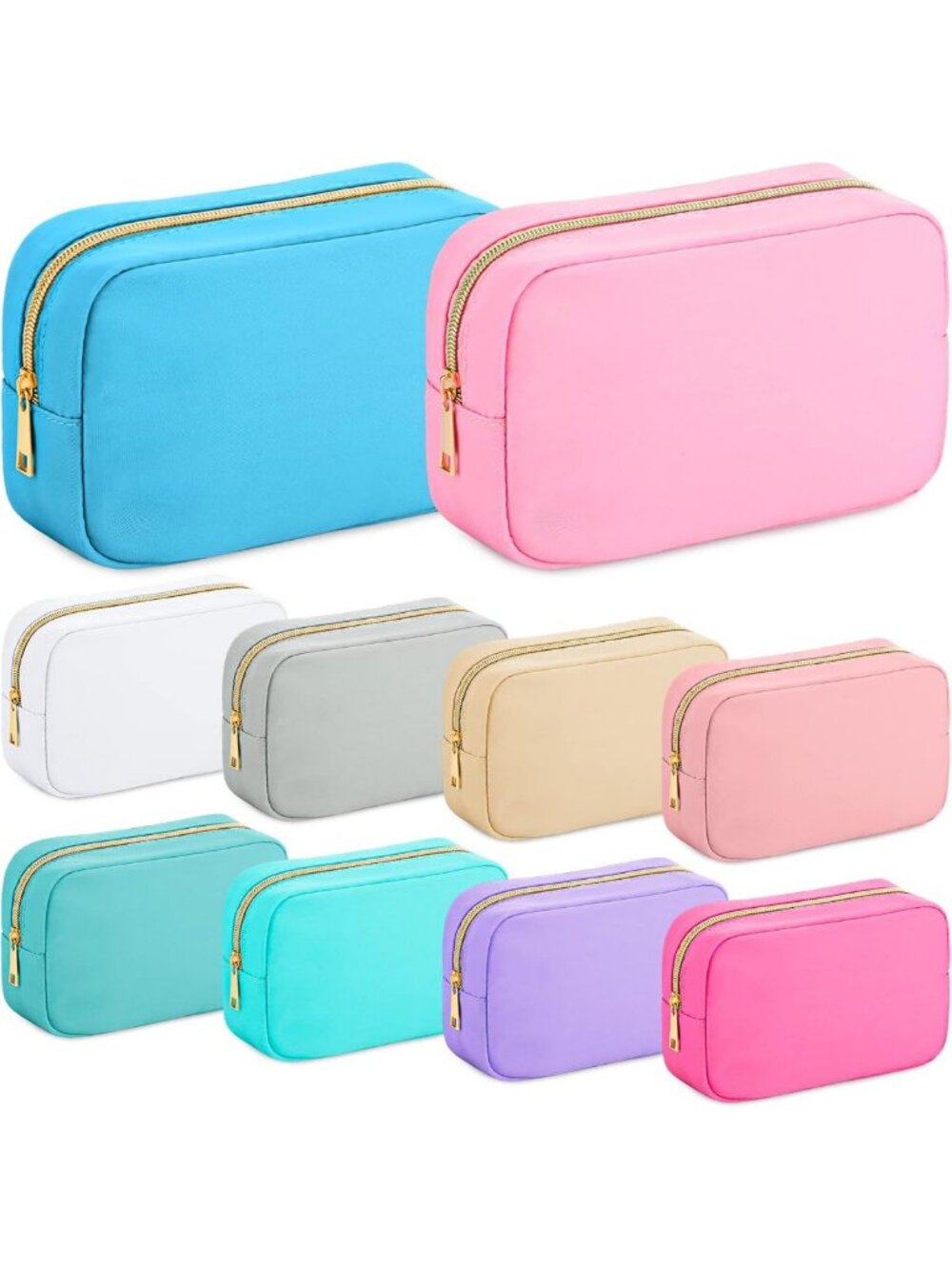 10 Pack Multicolor Nylon Makeup Bags - Preppy Cosmetic Pouches for Travel